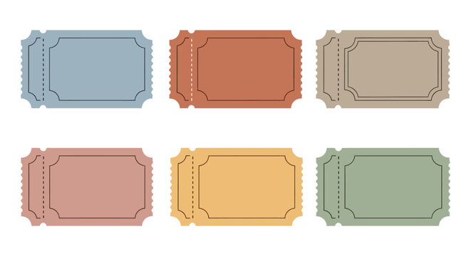 A versatile set of colorful blank vintage ticket templates, perfect for event admission, cinema, or raffles. Vector graphic illustration collection isolated on a white background