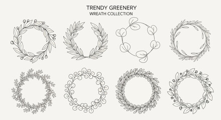 Obraz premium Collection of Hand-Drawn Botanical Wreaths, Featuring Delicate Leaves and Berries in Elegant Line Art Style, Ideal for Decorative Design Elements