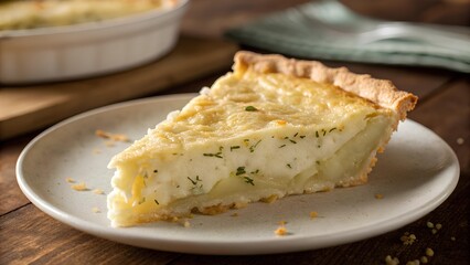 Close-up of savory potato cheese pie on a white plate, golden crust with creamy filling and herbs, warm light adds rustic homemade comfort
