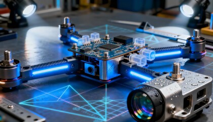 Futuristic photograph of a quadcopter drone assembly on a tech workbench.