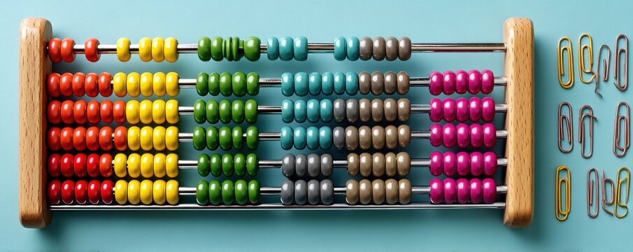 Colorful wooden abacus with paper clips on a blue background - Powered by Adobe