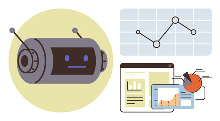 Robot head with antennas surrounded by analytics, graphs, and dashboard visuals. Ideal for AI, data science, machine learning, innovation, automation business intelligence technology. Simple flat