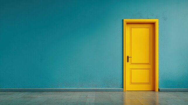 Yellow door on a blue wall, symbolizing opportunity and new beginnings