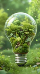 Miniature forest terrarium inside a lightbulb, green energy concept digital art.