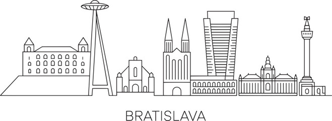 Bratislava slovakia city skyline line art with famous landmarks travel vector illustration cityscape outline