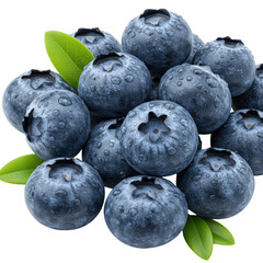 Fresh, ripe, vibrant indigo blueberries with glistening water droplets and green leaves, on a transparent background with soft illumination. Concept of natural freshness and appetite