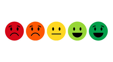 Five-step emotional feedback scale vector illustration featuring expressive emoji faces from sad to happy, ideal for customer satisfaction ratings and user experience surveys