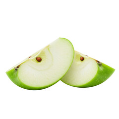 Two pristine Granny Smith apple slices, emerald green skin, crisp white flesh, seeds, floating above a transparent background with copy space, macro close-up, concept of healthy eating and fresh