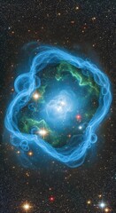 Deep space astrophotograph of a glowing blue and green cosmic nebula.