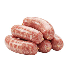 Close-up of fresh, plump raw pork sausages, pale pink and red, with coarse meat and fat in natural casings on a transparent background, copy space. Concept for food product advertising