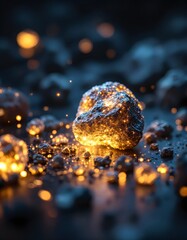 Magical glowing gold ore on a dark surface, fantasy digital art illustration.