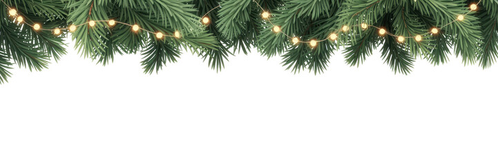 Seamless decorative christmas border with coniferous branches and garlands of christmas lights on transparent background
