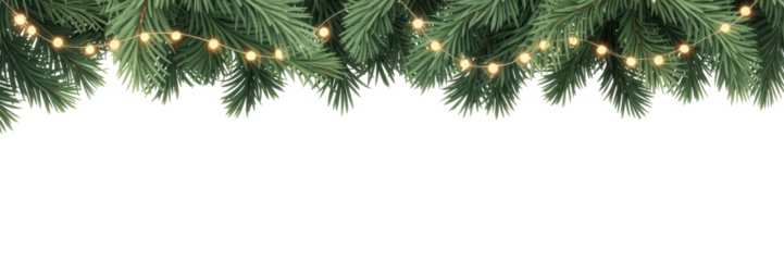 Seamless decorative christmas border with coniferous branches and garlands of christmas lights on transparent background
