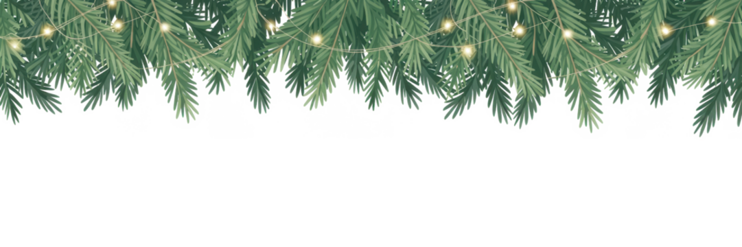 Seamless decorative christmas border with coniferous branches and garlands of christmas lights on transparent background
