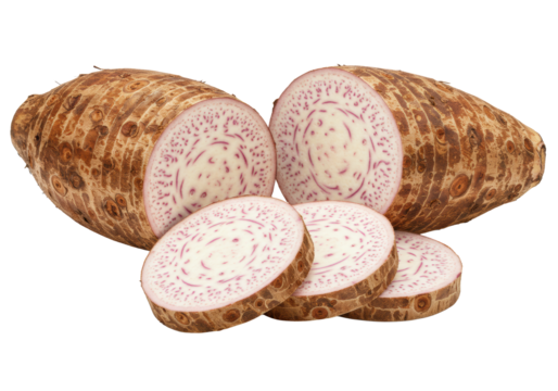 Whole unpeeled taro root with brown fibrous skin and yellow-pink base, alongside fresh taro slices showing white interior, vibrant purple specks, on white background with copy space, clean food