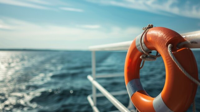 A bright orange life buoy hangs on a white railing of a boat. The background features calm blue waters and a clear sky with soft clouds.
