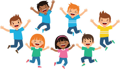 Cartoon children jumping happily, diverse group of kids, colorful outfits, raised arms, joyful expressions, isolated on white background, playful and energetic pose