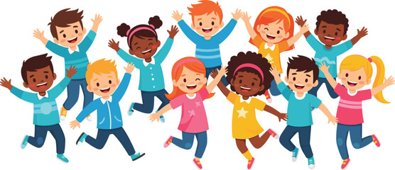 Happy diverse cartoon children jumping, smiling, celebrating friendship, playful energy, multicultural kids group illustration, joyful childhood moment, isolated on white background, colorful outfits