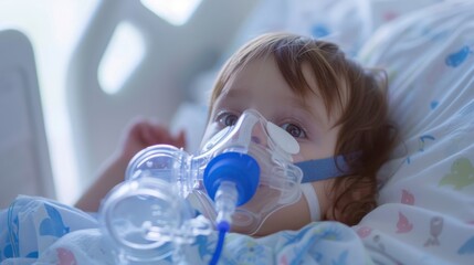 A young child with brown hair is lying in a hospital bed. The child is wearing a blue hospital gown and has an oxygen mask on their face. The room is bright and clinical.