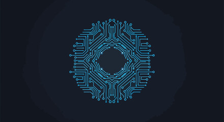 A circular, intricate blue circuit board pattern resembling a stylized eye or a complex technological mandala against a dark background.
