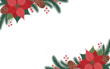 Christmas decoration. Frame of flowers of red poinsettia, branch christmas tree, ball, red berry on a white background with space for text. Top view, flat lay