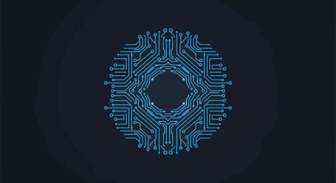 A circular, intricate blue circuit board pattern resembling a stylized eye or a complex technological mandala against a dark background.