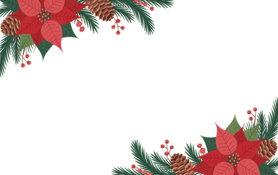 Christmas decoration. Frame of flowers of red poinsettia, branch christmas tree, ball, red berry on a white background with space for text. Top view, flat lay