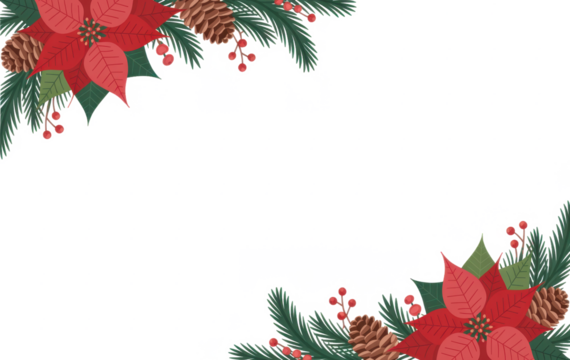 Christmas decoration. Frame of flowers of red poinsettia, branch christmas tree, ball, red berry on a white background with space for text. Top view, flat lay