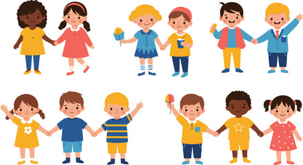 Cartoon children holding hands in pairs, diverse outfits, cheerful expressions, multicultural friendship, playful childhood scene, unity and inclusion concept for educational use