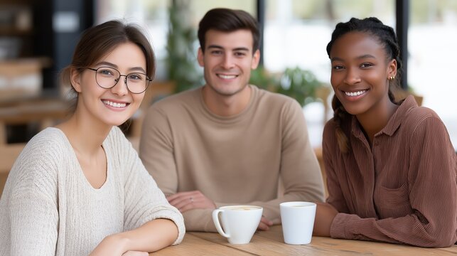 Happy diverse group of friends smiling at the camera in a cafe. Young multiethnic people meeting for coffee. Friendship and togetherness concept - Powered by Adobe