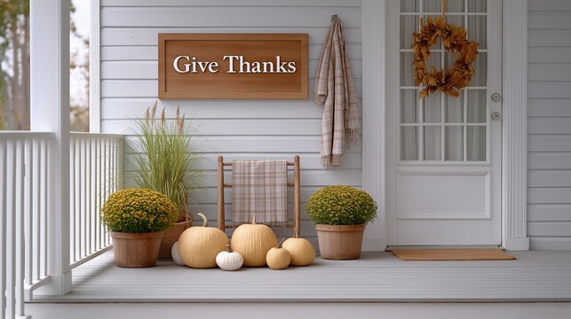 A rustic front porch decorated for Thanksgiving with pumpkins and mums. Autumnal home exterior with a fall wreath and a Give Thanks sign - Powered by Adobe