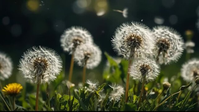 Un campo de dientes de le&oacute;n blancos y esponjosos (vilanos), en primer plano con poca profundidad de campo, las semillas listas para volar con el viento, luz del sol suave, ambiente m&aacute;gico y so&ntilde;ador