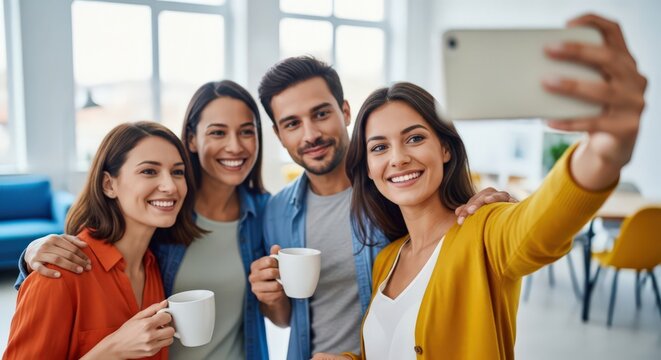 Young adults capturing selfie with coffee mugs indoors - Powered by Adobe