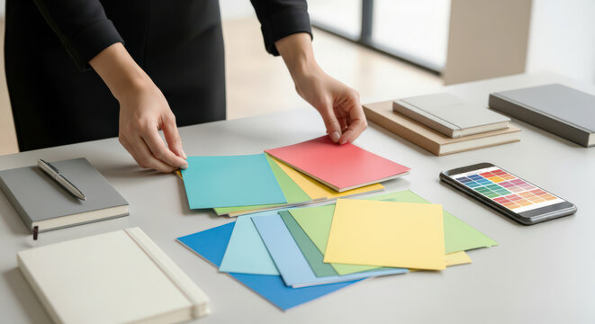 Person selecting colorful paper swatches on desk