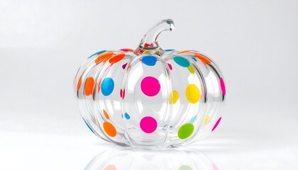 Close-up of transparent glass pumpkin with bright colorful dots and glossy reflection