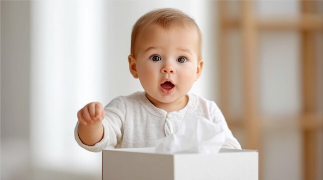 Cute baby with a surprised expression playing with a box of tissues. Adorable infant portrait with open mouth and big eyes. Childhood curiosity and discovery concept