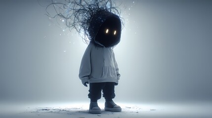 Eine kleine, gesichtslose Figur mit leuchtenden Augen.