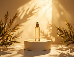 Golden Hour Skincare Mockup with Warm Sunlight and Soft Glowing Shadows