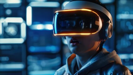 Young person immersed in virtual reality wearing a glowing VR headset in a futuristic digital environment - Powered by Adobe