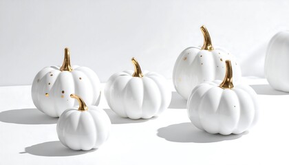 White glass pumpkins with golden polka dots on bright reflective surface