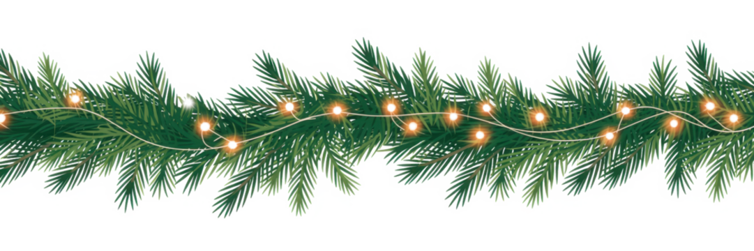 Seamless decorative christmas border with lights garland and coniferous branches isolated on transparent background
