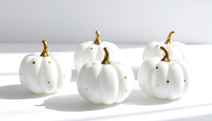 Close-up of white glass pumpkins with golden dotted pattern under soft studio light
