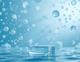 Hydrating Skincare Mockup with Floating Water Bubbles and Transparent Pedestal