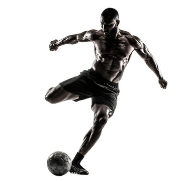 Shirtless soccer player in action, midkick with a football, isolated on transparent background