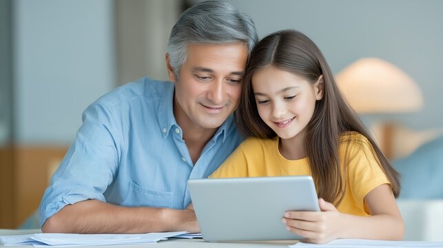 A caring father and his young daughter using a digital tablet together. Parent helping a child with e-learning at home. Modern family and education concept
