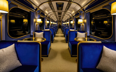 Fototapeta premium Opulent train carriage with plush blue seating and gold accents interior velvet
