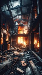 Abandoned Building Interior with Flames and Debris in Dramatic Scene