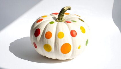 Close-up of white pumpkin with bright colorful dotted pattern