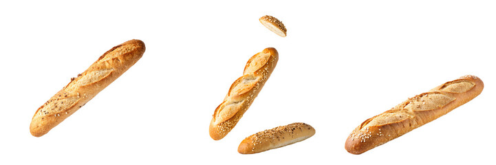 Set of falling Baguette with sesame seed in the air isolated on a transparent background