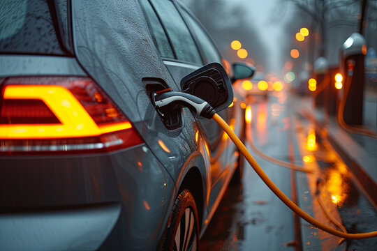 Close-up of electric car charging on a rainy street - Powered by Adobe